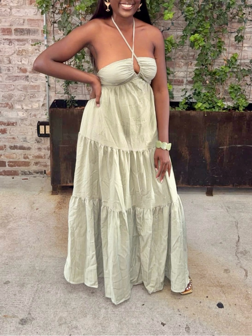 Strapless Halter Tiered Maxi Dress in Sage Green